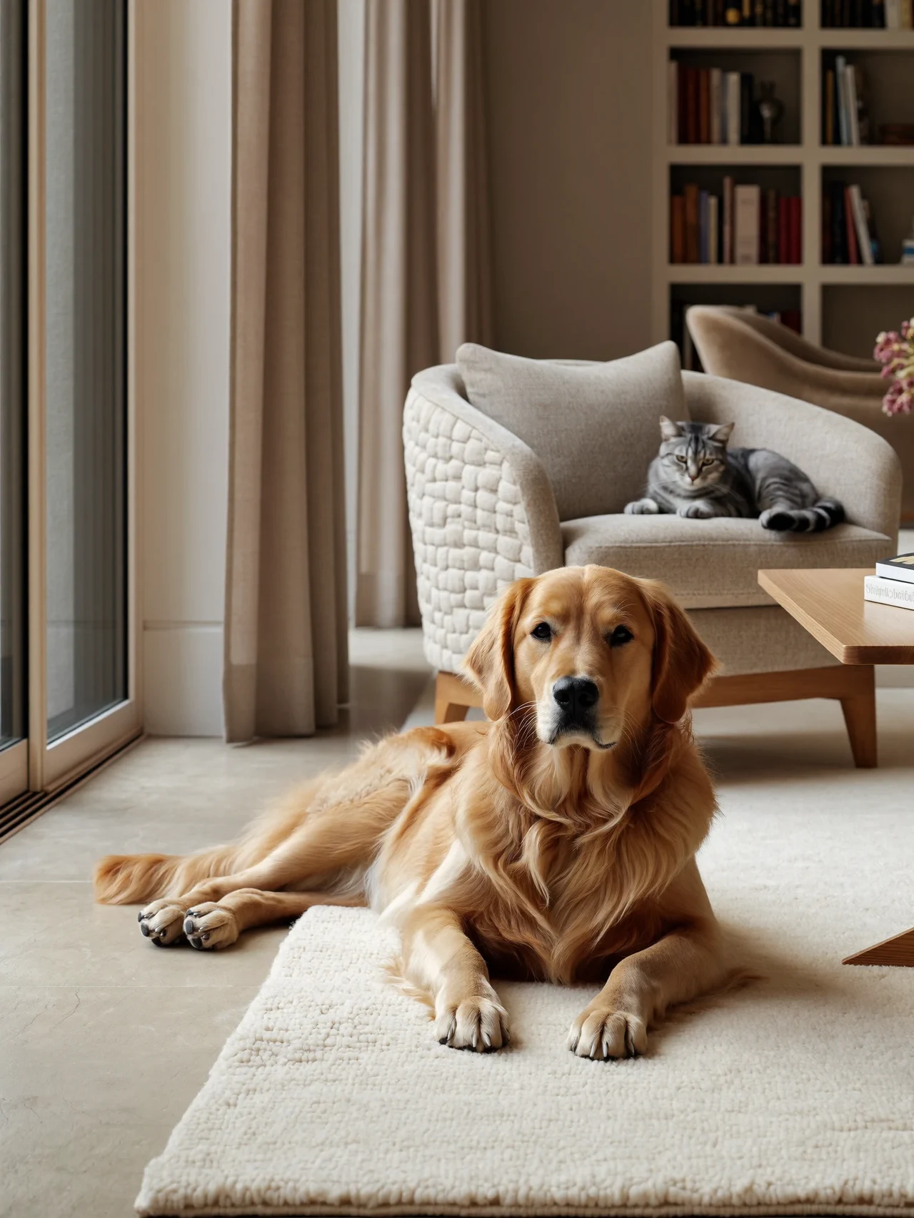 Hund und Katze im hellen Schweizer Wohnzimmer bei weichem Morgenlicht, illustrative Szene
