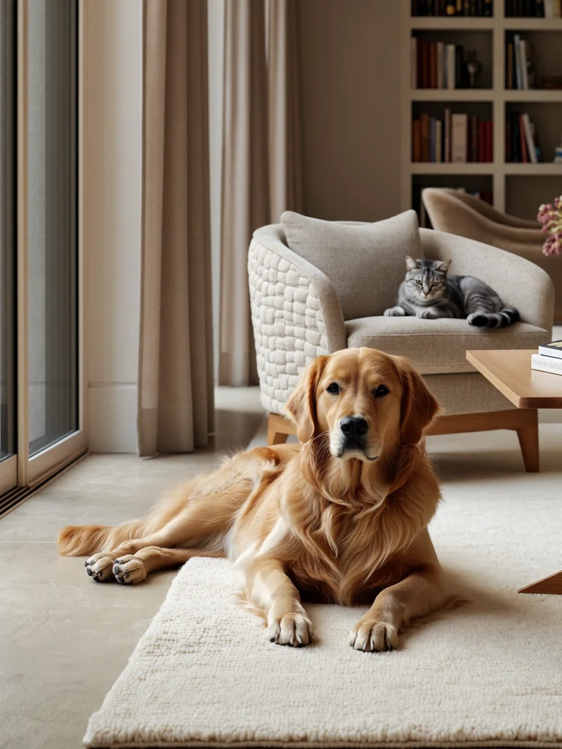 Hund und Katze im hellen Schweizer Wohnzimmer bei weichem Morgenlicht, illustrative Szene
